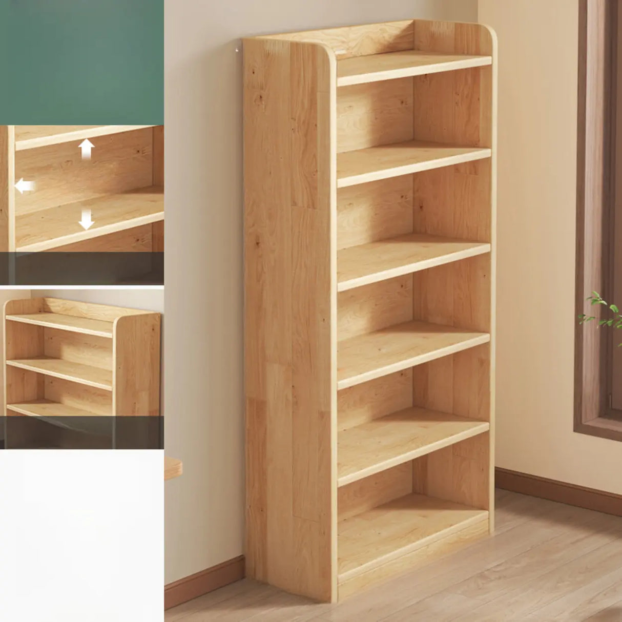 Rustic Natural Finish Adjustable Shelves Wood Bookcase Image - 35