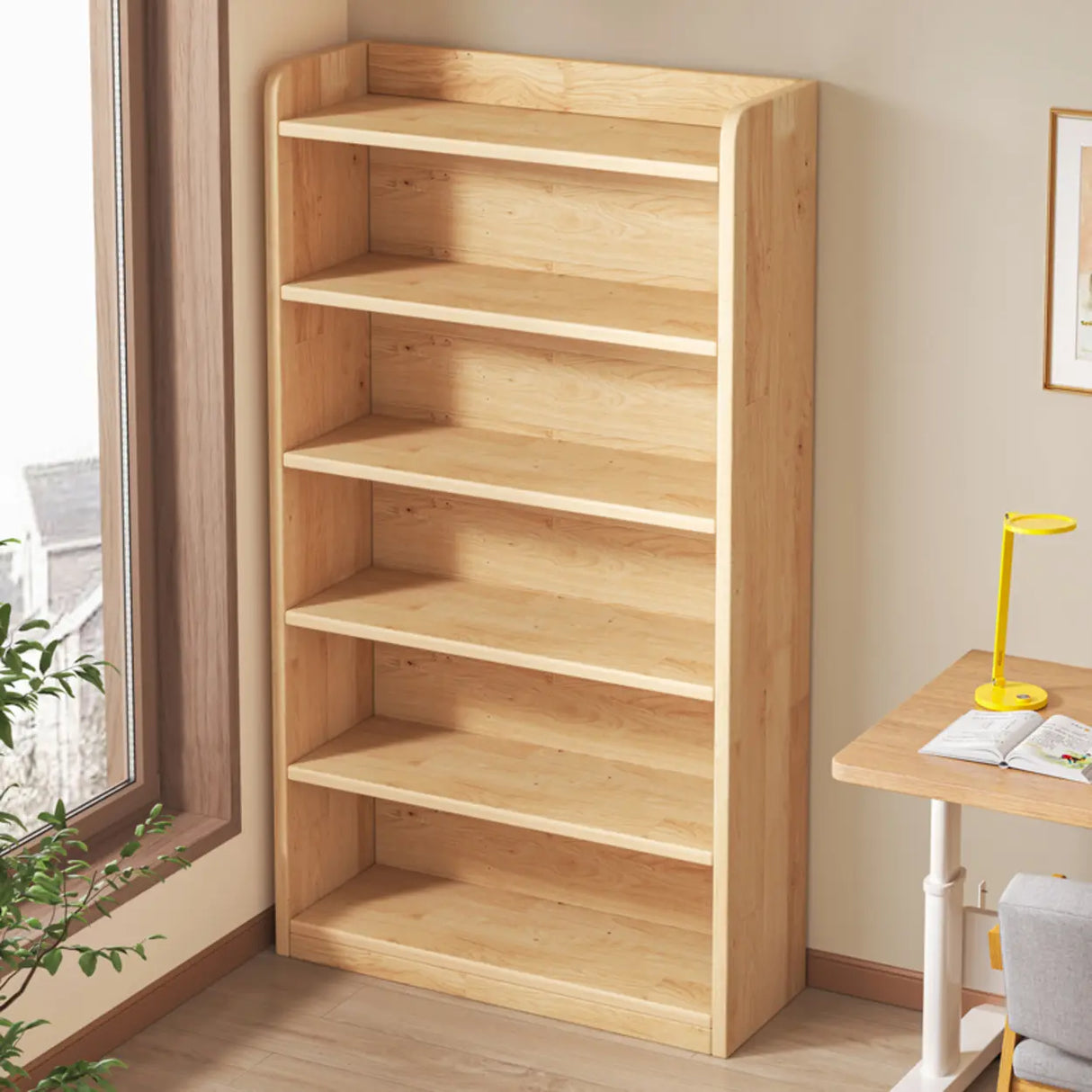 Rustic Natural Finish Adjustable Shelves Wood Bookcase Image - 4