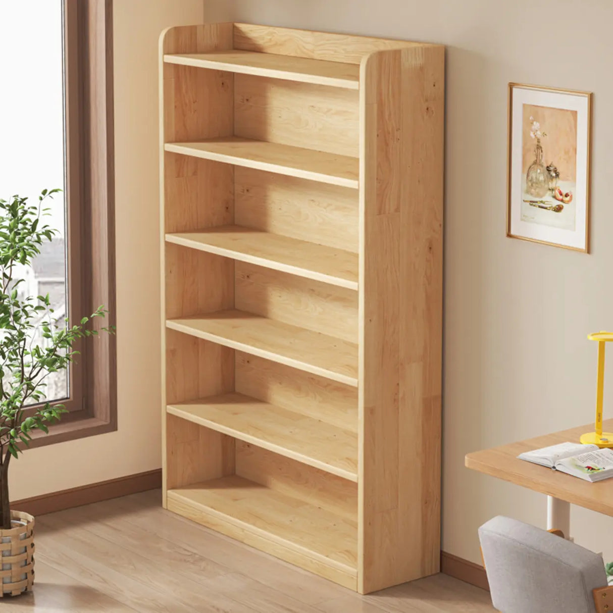 Rustic Natural Finish Adjustable Shelves Wood Bookcase Image - 5