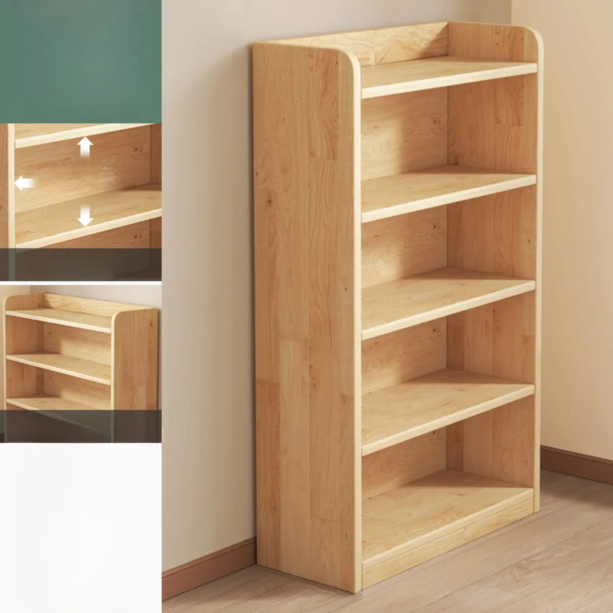 Rustic Natural Finish Adjustable Shelves Wood Bookcase Image - 8