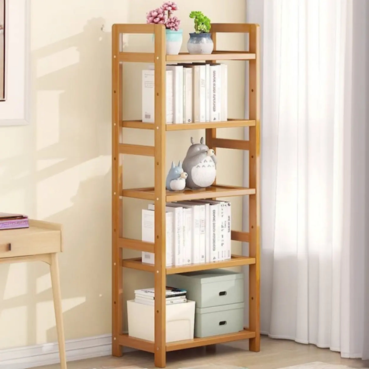 Rustic Natural Finish Bamboo Multi-Layer Bookshelf Image - 14