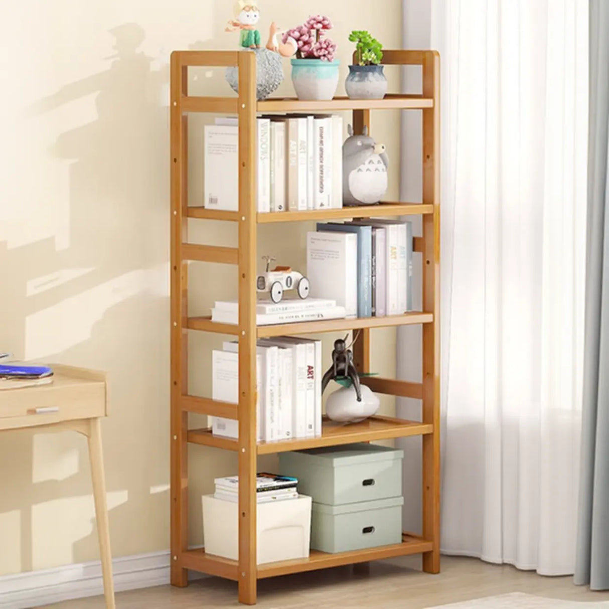 Rustic Natural Finish Bamboo Multi-Layer Bookshelf Image - 16