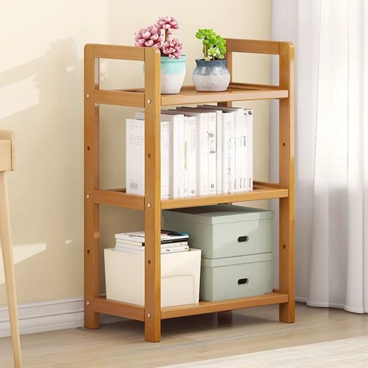 Rustic Natural Finish Bamboo Multi-Layer Bookshelf Image - 9