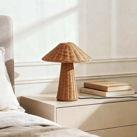 Rustic Natural Rattan Cone Shade Led Table Lamp for Bedroom Image - 2