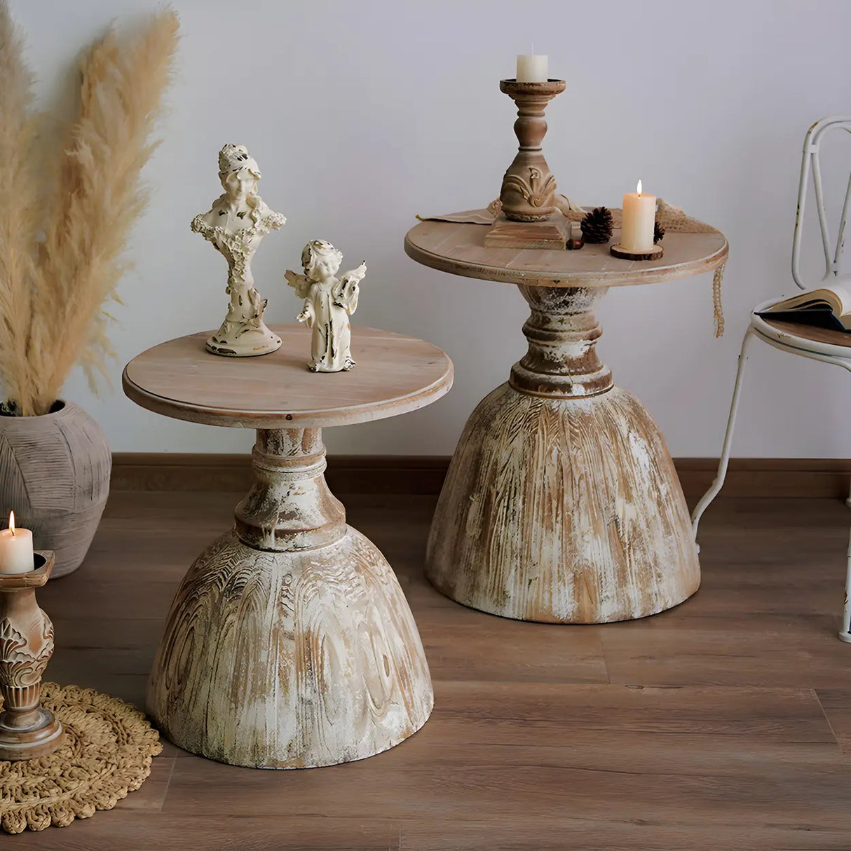 Rustic Pedestal Small Round Distressed Wood Side Table Image - 1