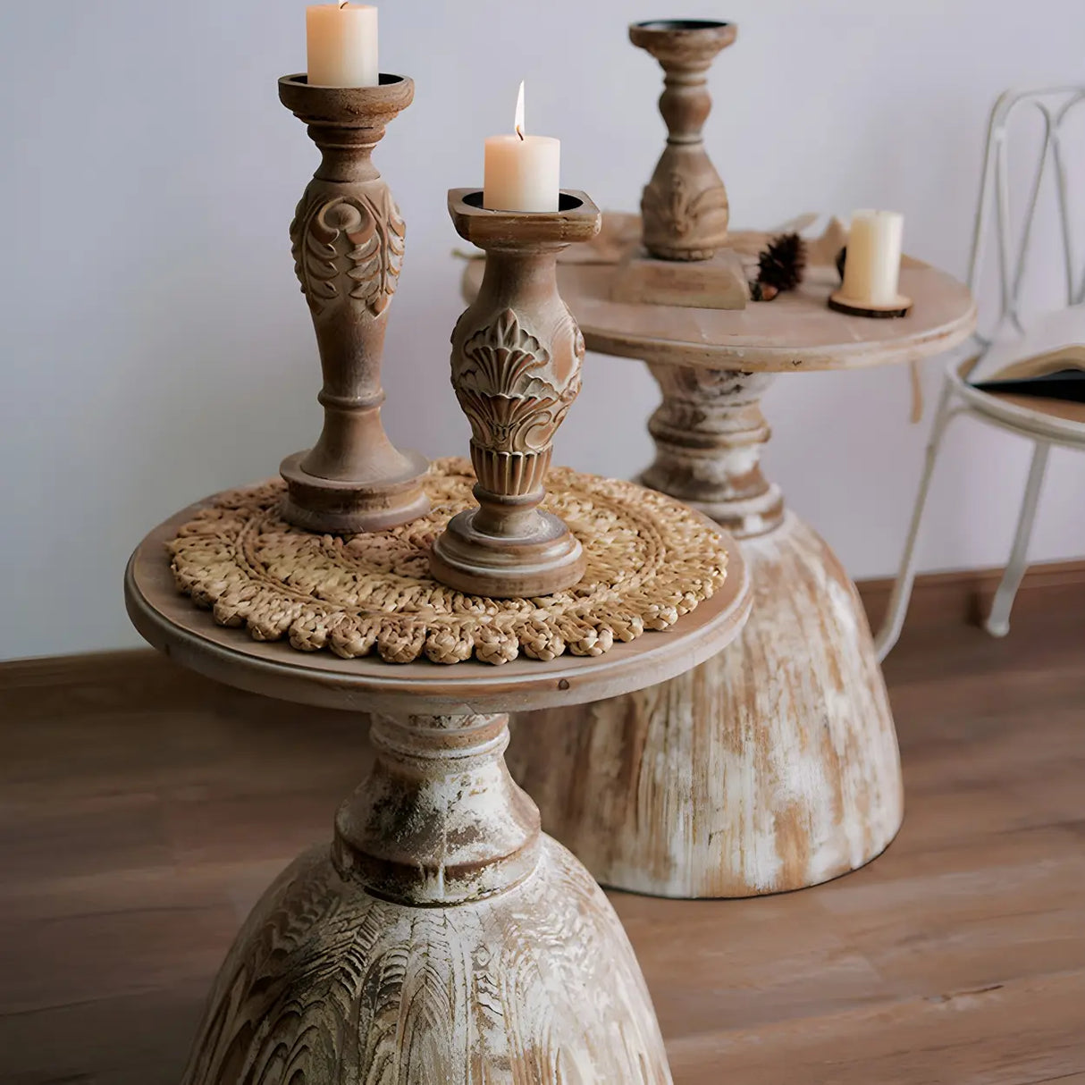 Rustic Pedestal Small Round Distressed Wood Side Table Image - 10