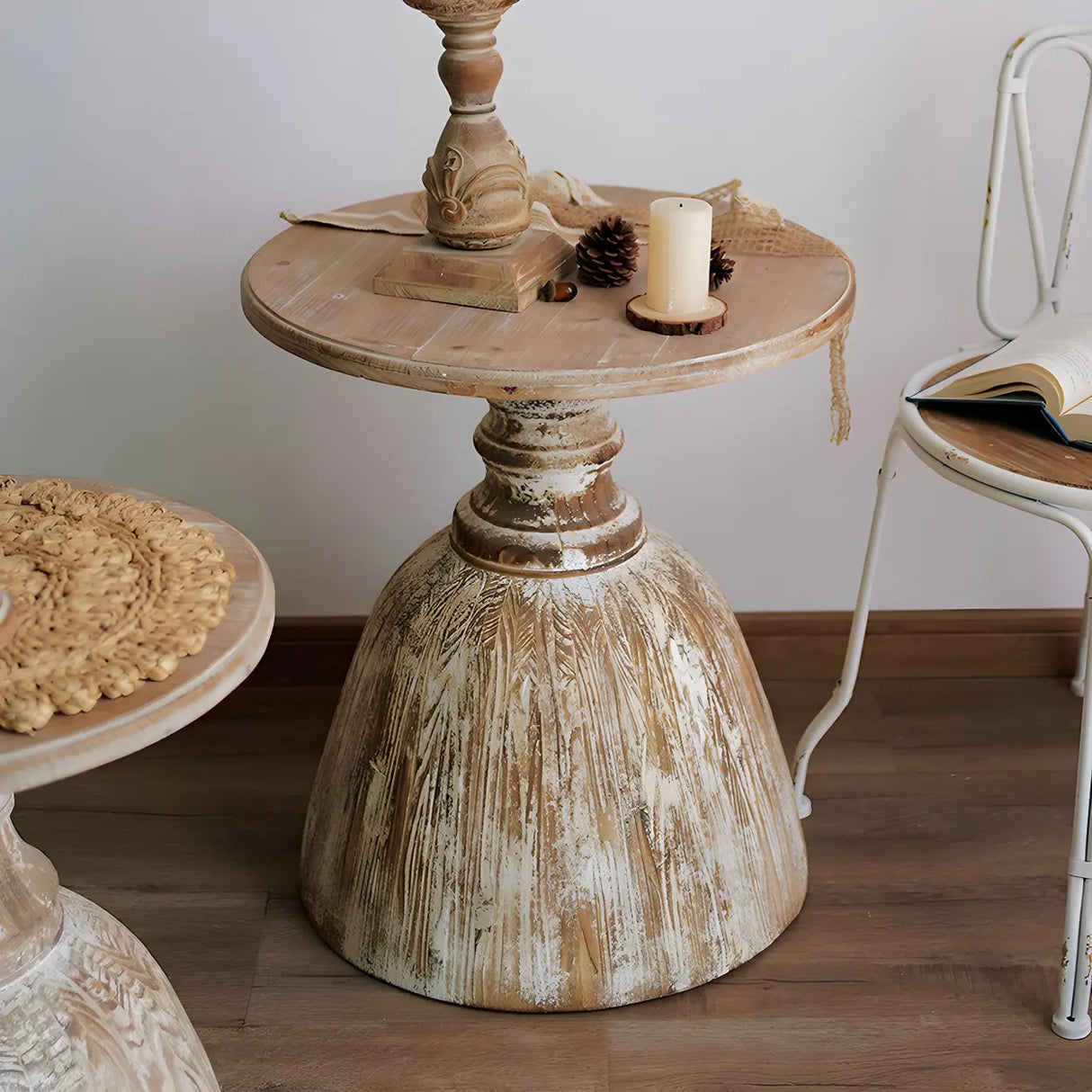 Rustic Pedestal Small Round Distressed Wood Side Table Image - 4