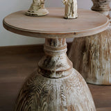 Rustic Pedestal Small Round Distressed Wood Side Table Image - 7
