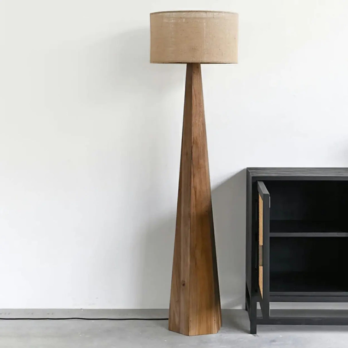 Rustic Push-Thru Wood Tree Fabric Drum Floor Lamp Image - 13