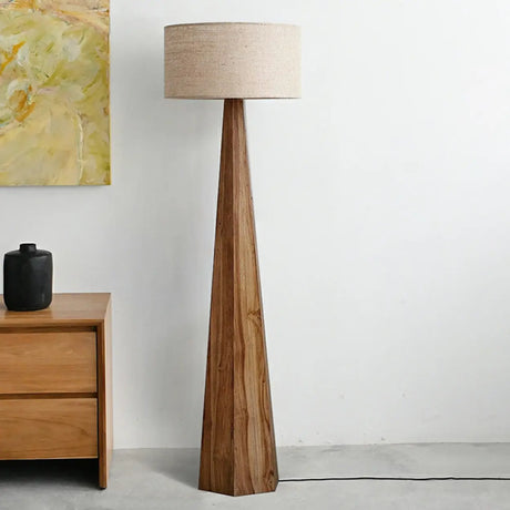 Rustic Push-Thru Wood Tree Fabric Drum Floor Lamp Image - 3