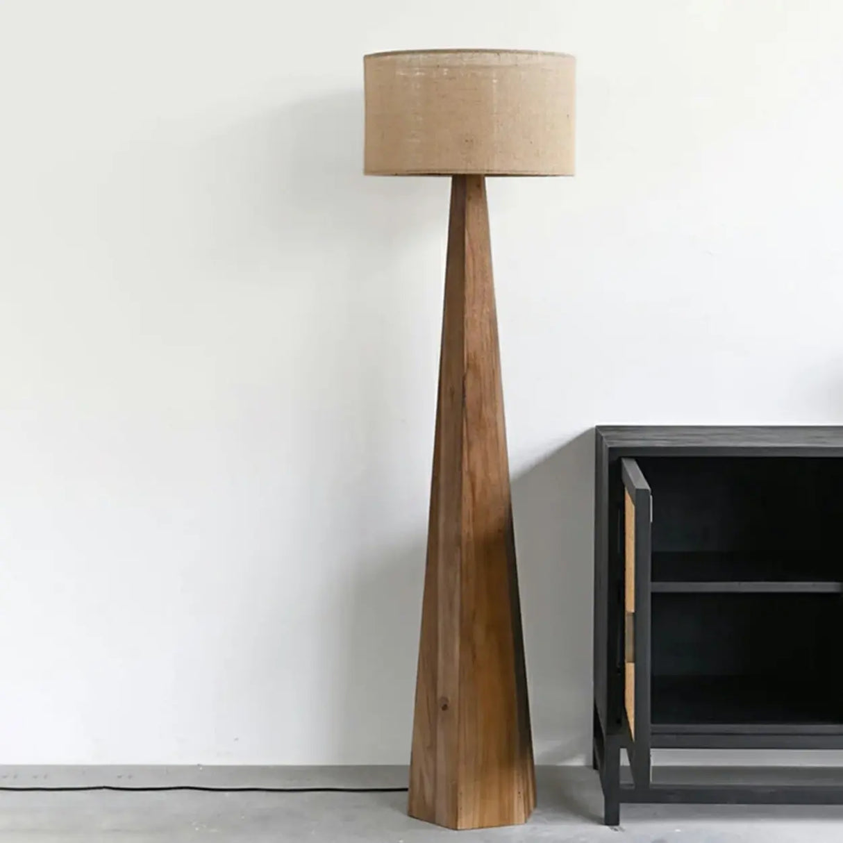 Rustic Push-Thru Wood Tree Fabric Drum Floor Lamp Image - 4