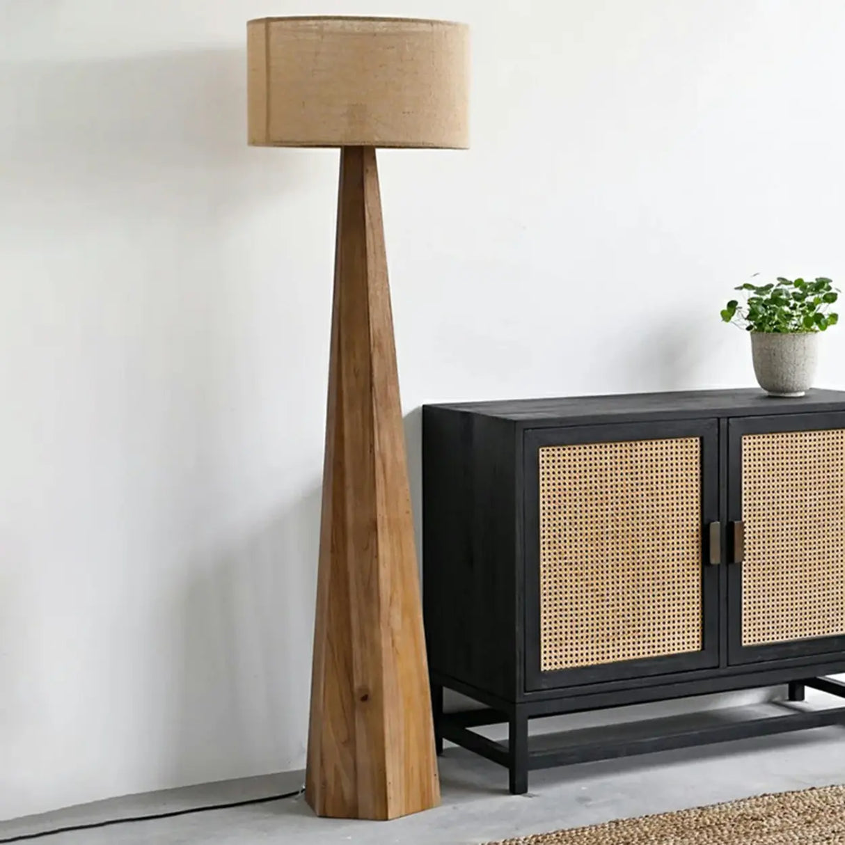 Rustic Push-Thru Wood Tree Fabric Drum Floor Lamp Image - 5