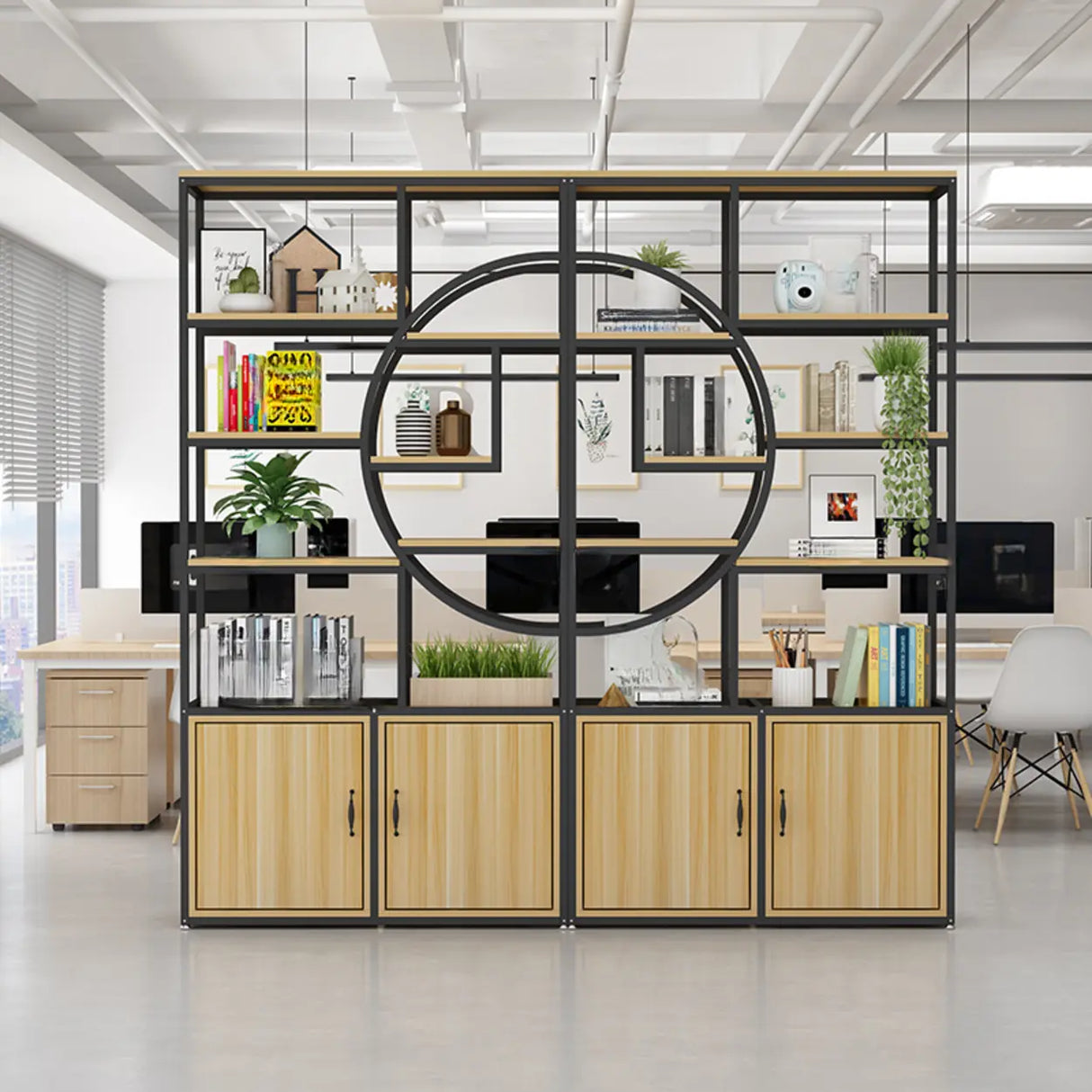 Rustic Rectangle Circular Wooden Display Bookshelf Image - 6