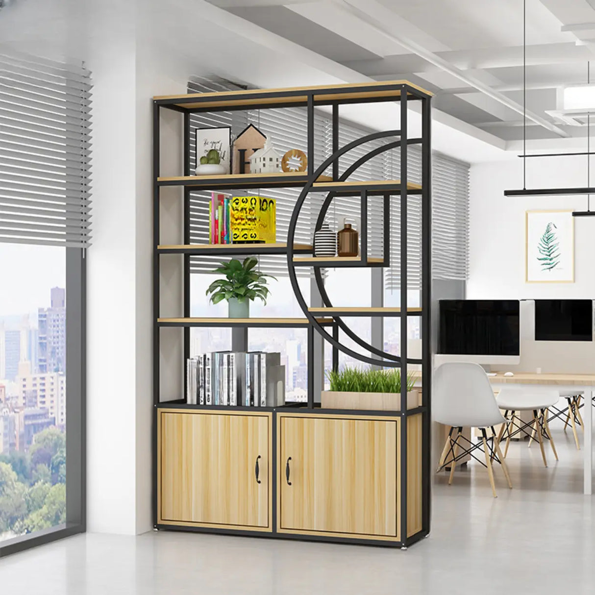Rustic Rectangle Circular Wooden Display Bookshelf Image - 9
