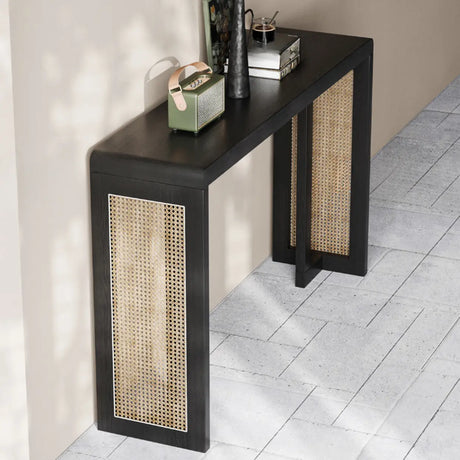 Rustic Rectangle Rattan Panel Wood Black Sled Console Table Image - 1