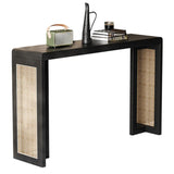 Rustic Rectangle Rattan Panel Wood Black Sled Console Table Image - 2
