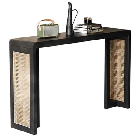 Rustic Rectangle Rattan Panel Wood Black Sled Console Table Image - 2