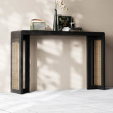 Rustic Rectangle Rattan Panel Wood Black Sled Console Table Image - 3
