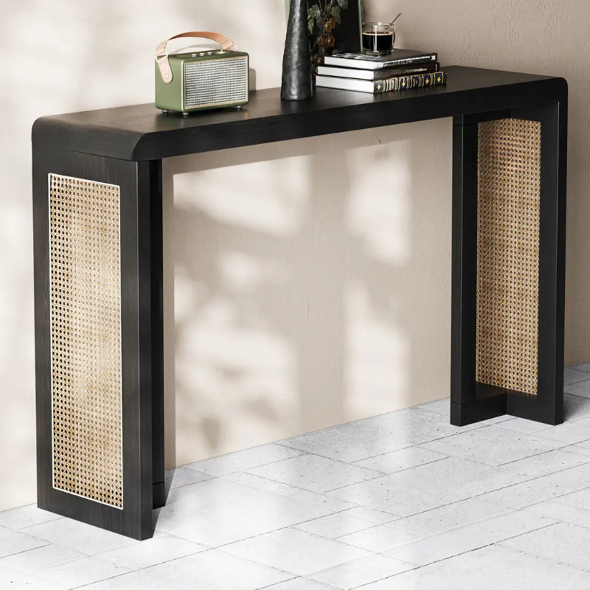 Rustic Rectangle Rattan Panel Wood Black Sled Console Table Image - 4