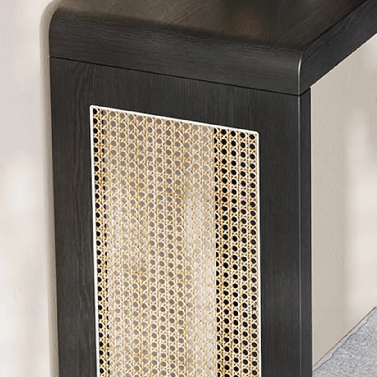 Rustic Rectangle Rattan Panel Wood Black Sled Console Table Image - 5