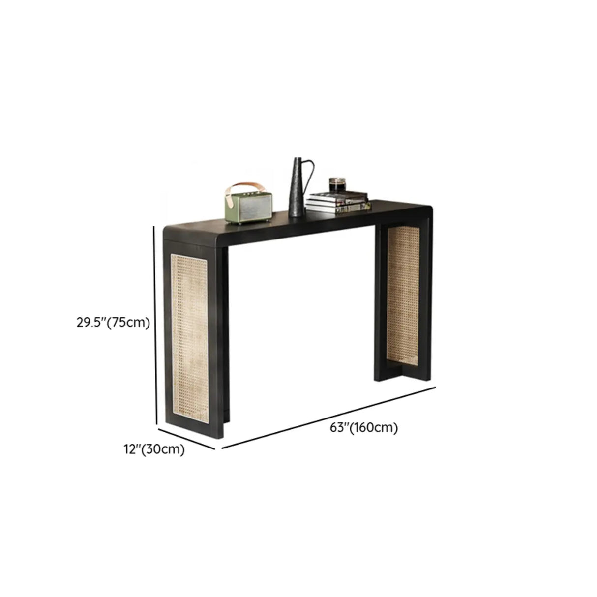 Rustic Rectangle Rattan Panel Wood Black Sled Console Table Image - 9