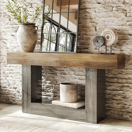 Rustic Rectangle Wood Entryway Console Table with Floor Shelf Image - 1
