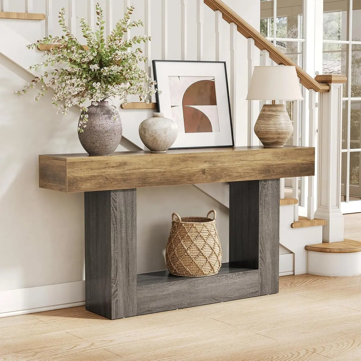 Rustic Rectangle Wood Entryway Console Table with Floor Shelf Image - 2