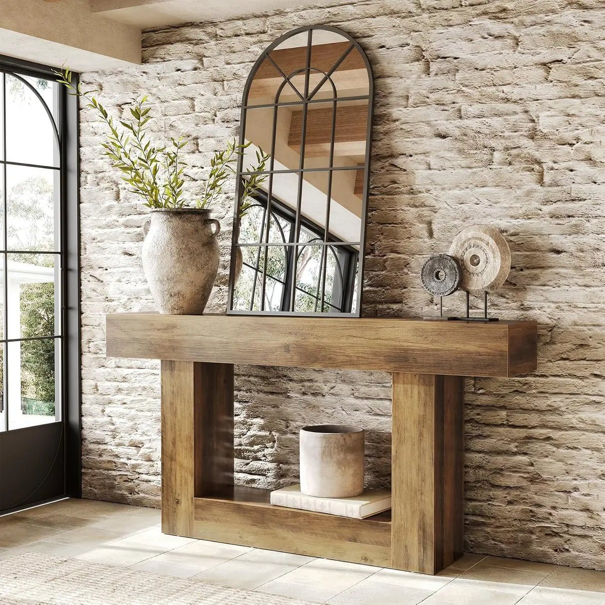Rustic Rectangle Wood Entryway Console Table with Floor Shelf Image - 3