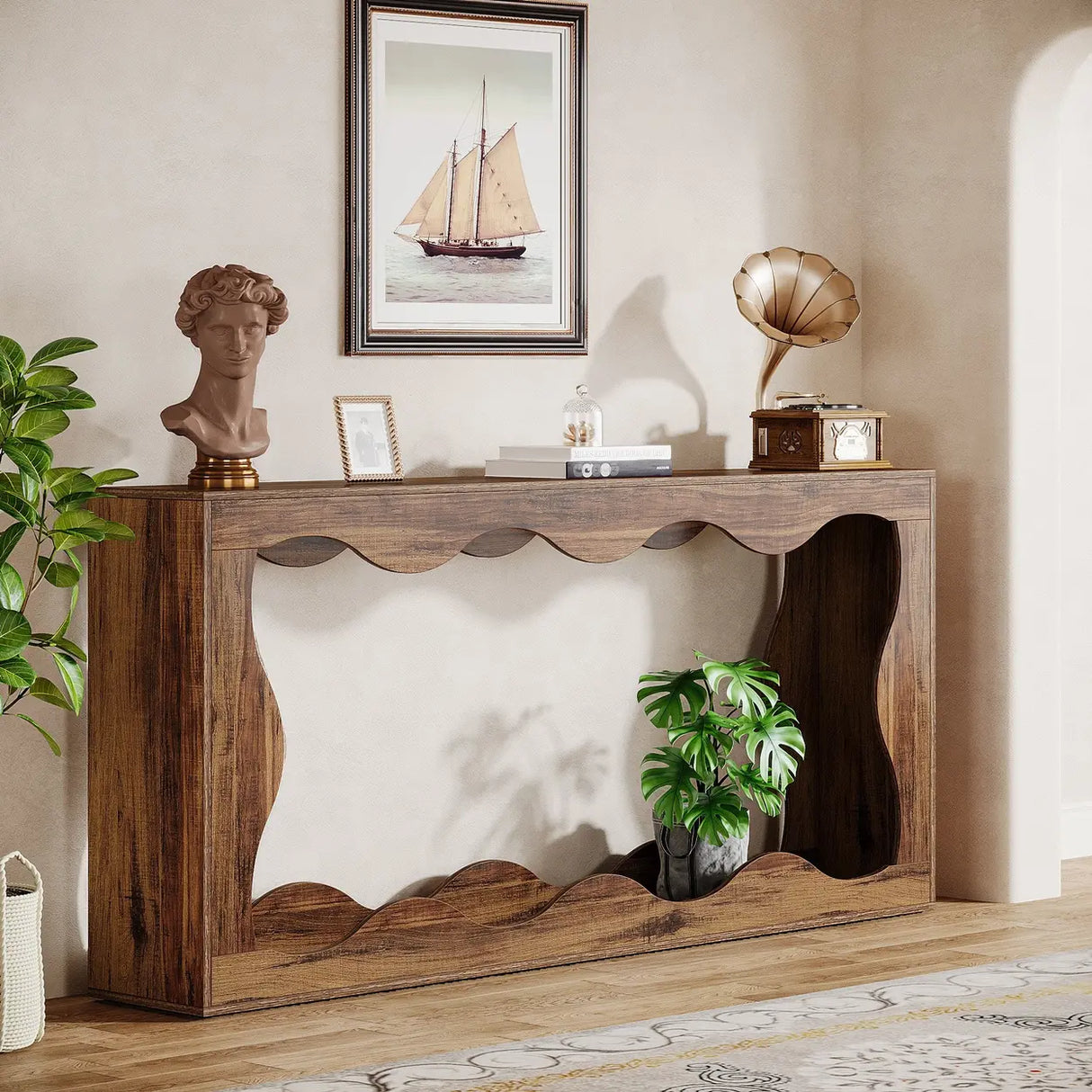 Rustic Rectangle Wood Entryway Console Table with Floor Shelf Image - 8