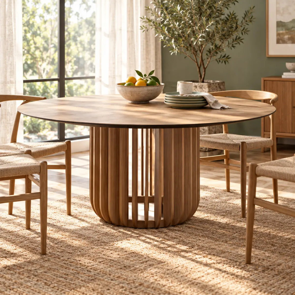 Rustic Round Brown Natural Wood Dining Table Image - 1