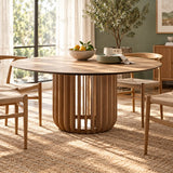 Rustic Round Brown Natural Wood Dining Table Image - 1