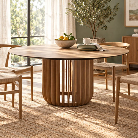 Rustic Round Brown Natural Wood Dining Table Image - 1