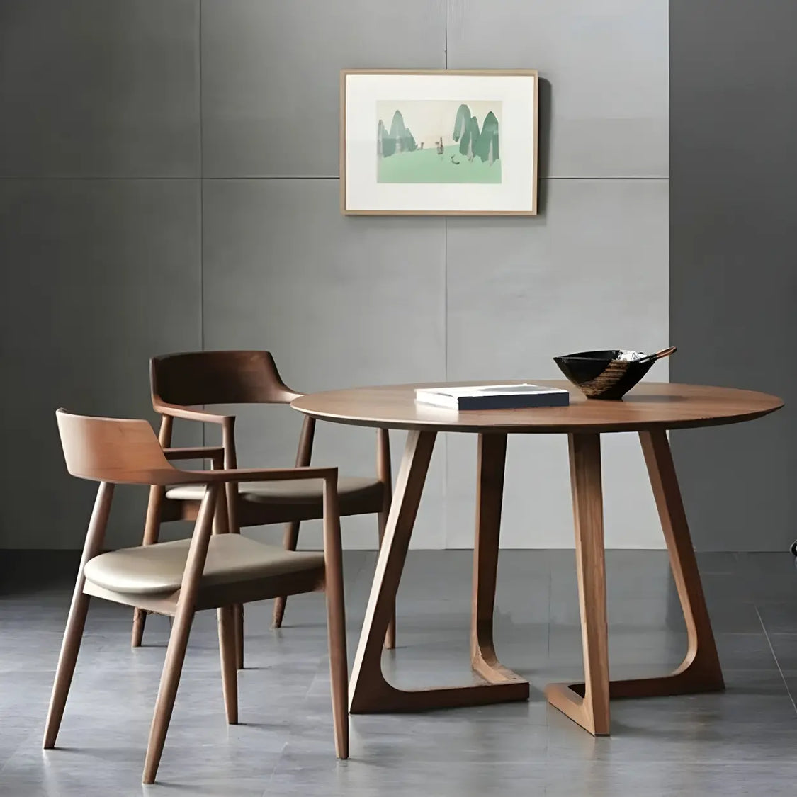 Rustic walnut small round kitchen table with an interlocking wood sled base