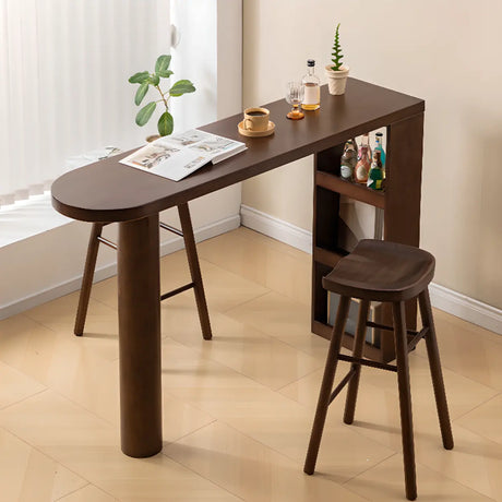 Rustic Slim Dark Brown Wood Oval Bar Table with Shelf Storage Image - 1