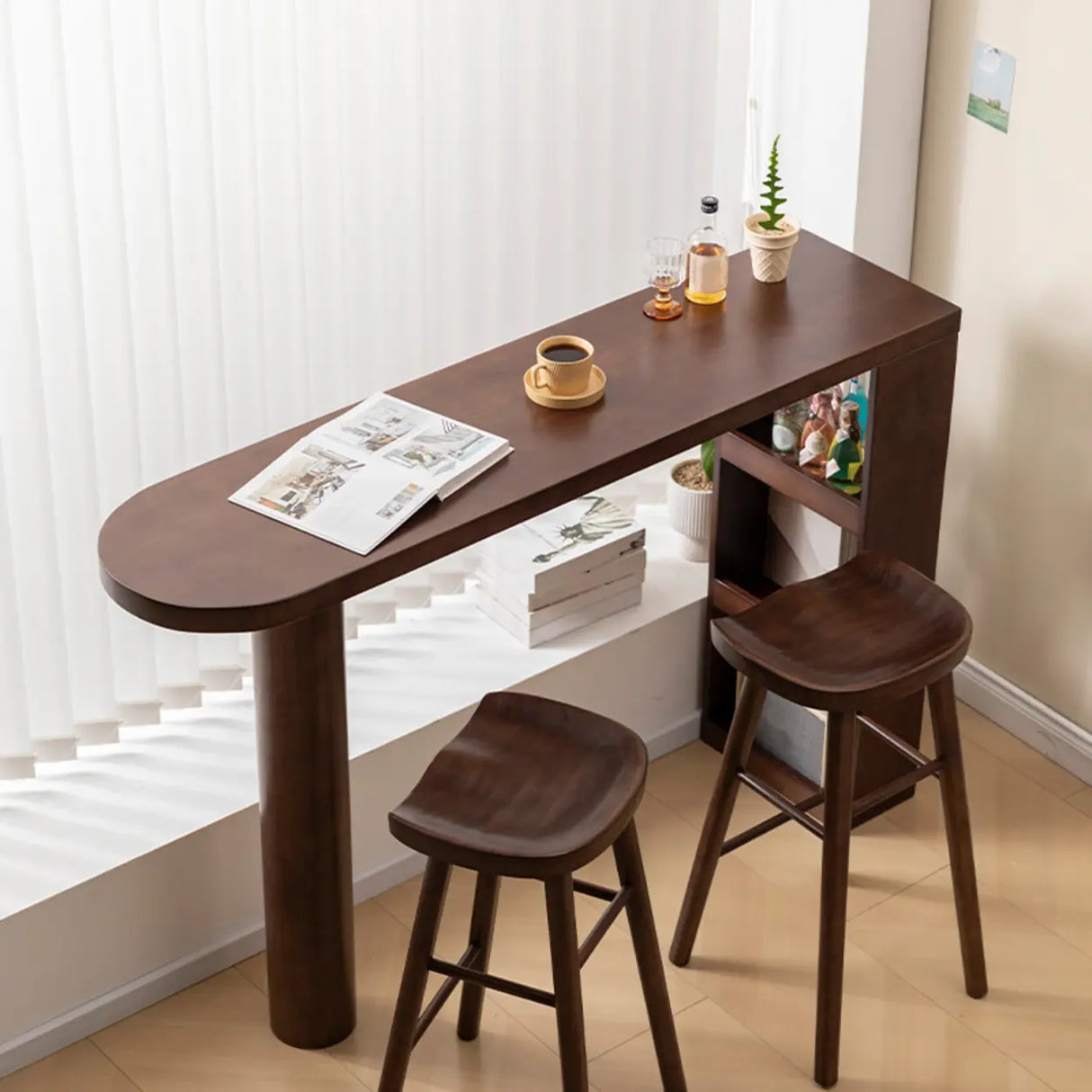 Rustic Slim Dark Brown Wood Oval Bar Table with Shelf Storage Image - 2