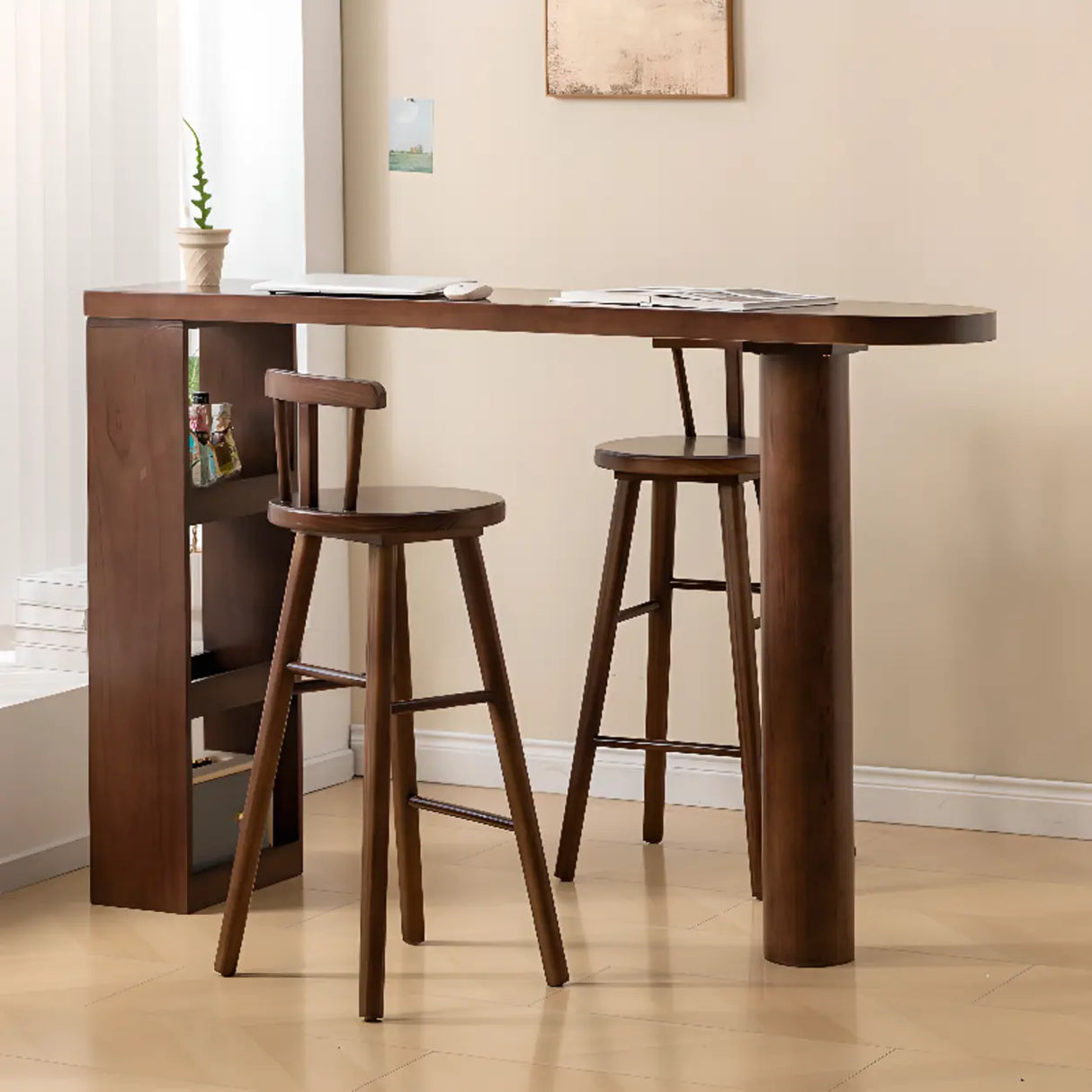 Rustic Slim Dark Brown Wood Oval Bar Table with Shelf Storage Image - 6