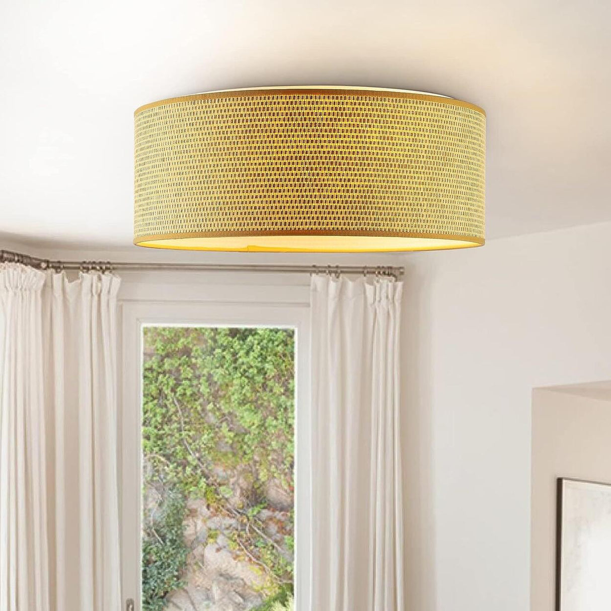 Rustic Small Cylinder Fabric Flush Mount Ceiling Light Image - 1