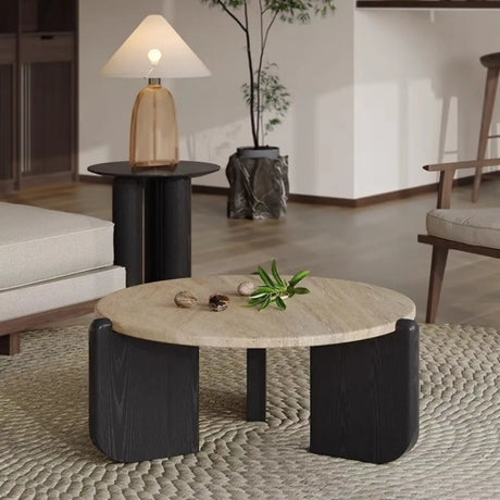 Rustic Small Round Scratch-Resist Travertine Coffee Table Image - 2