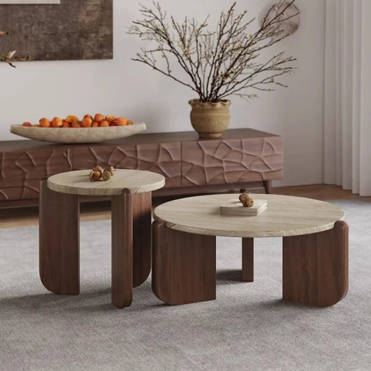 Rustic Small Round Scratch-Resist Travertine Coffee Table Image - 3