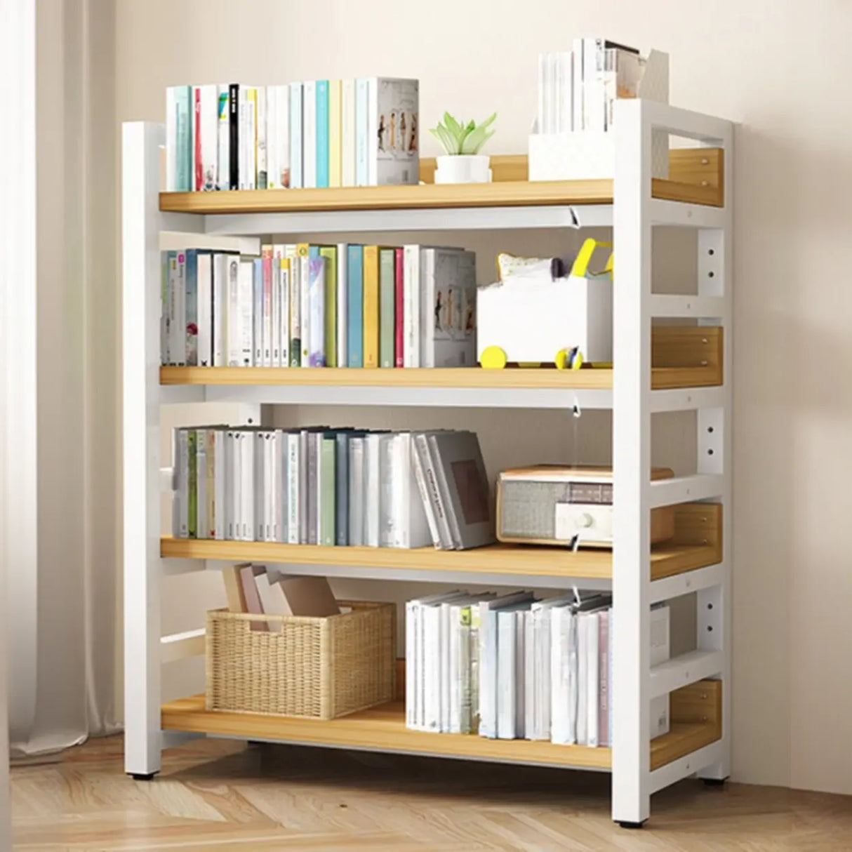 Rustic Steel Natural Wood Shelf Open Back Bookshelf Image - 11