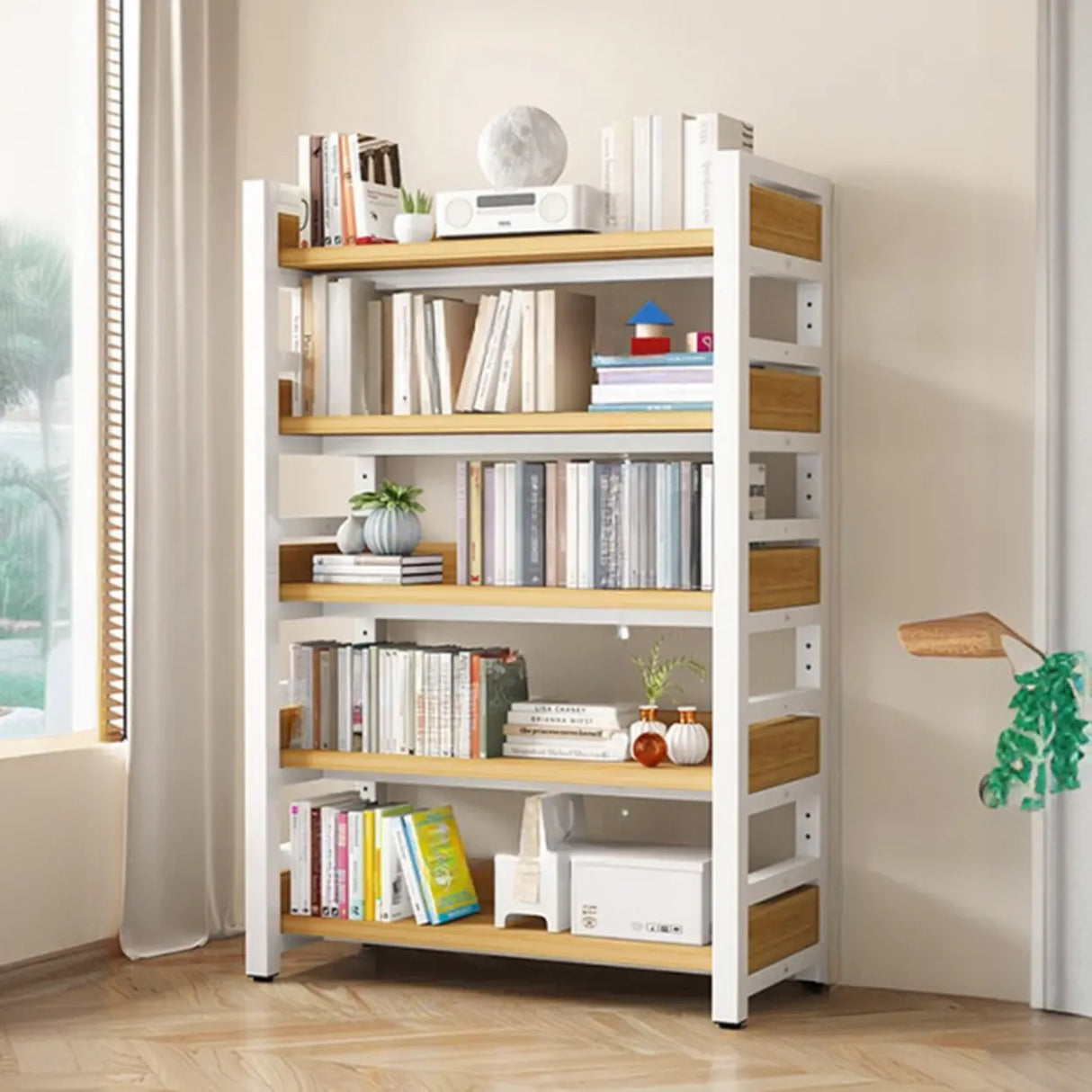 Rustic Steel Natural Wood Shelf Open Back Bookshelf Image - 12
