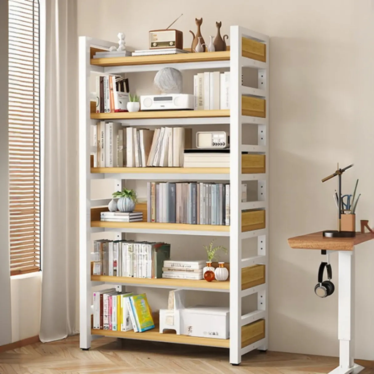 Rustic Steel Natural Wood Shelf Open Back Bookshelf Image - 13