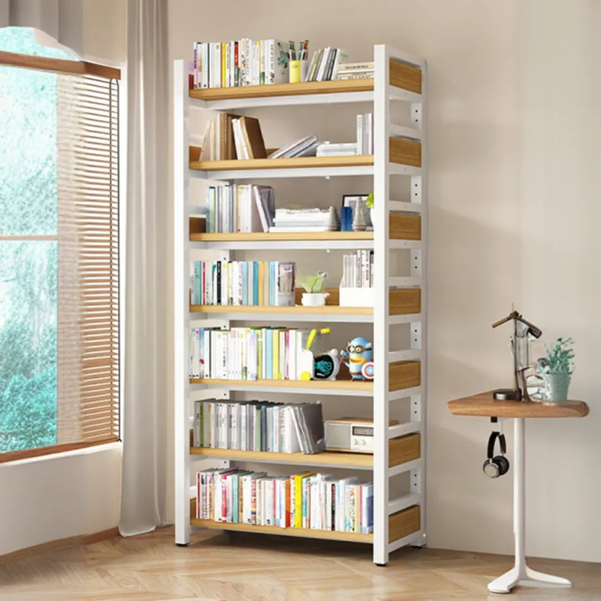 Rustic Steel Natural Wood Shelf Open Back Bookshelf Image - 14