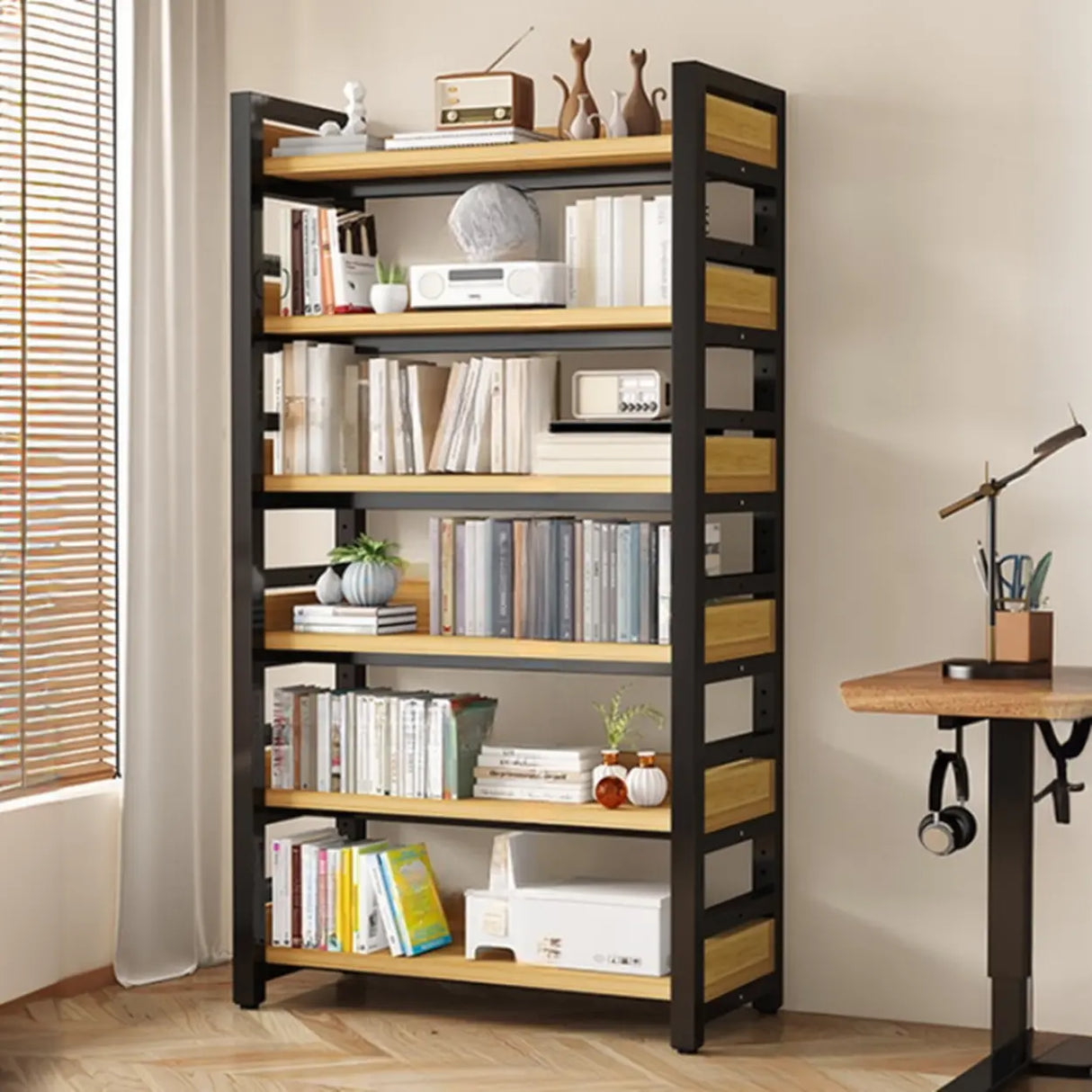Rustic Steel Natural Wood Shelf Open Back Bookshelf Image - 16