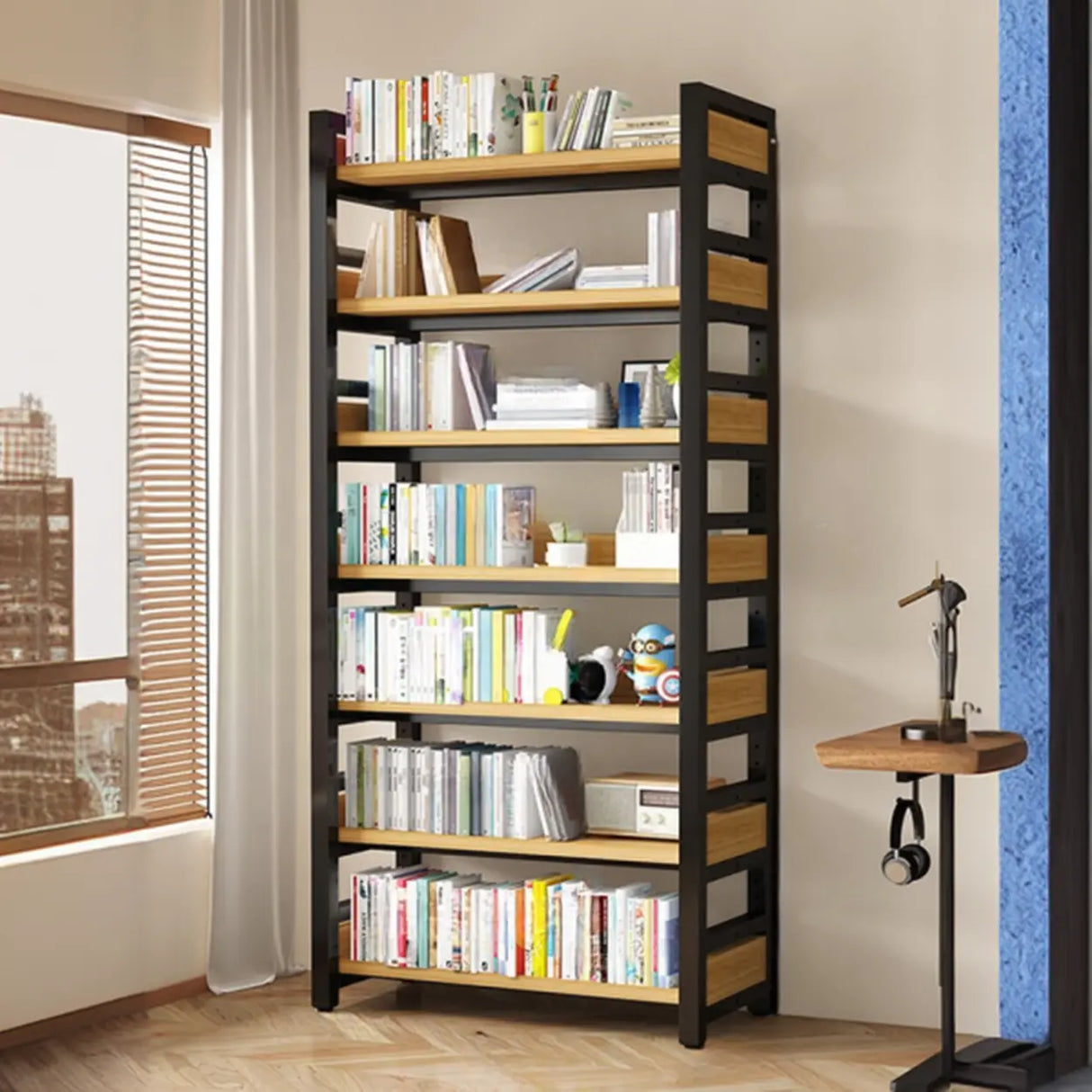 Rustic Steel Natural Wood Shelf Open Back Bookshelf Image - 17