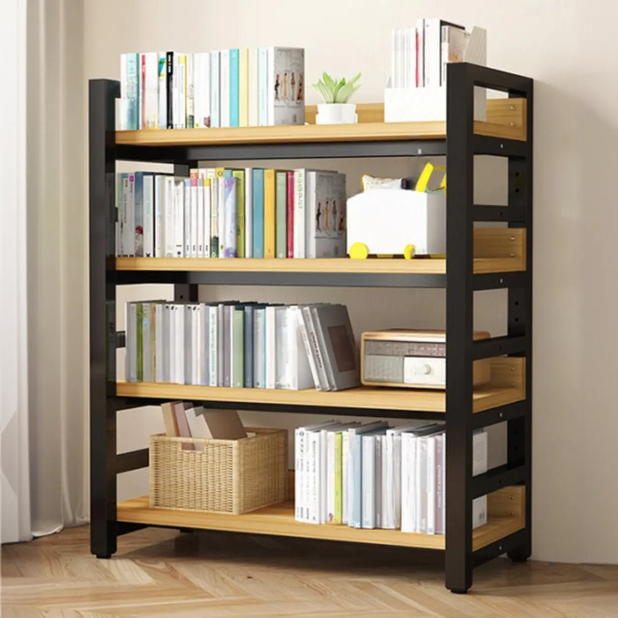 Rustic Steel Natural Wood Shelf Open Back Bookshelf Image - 18