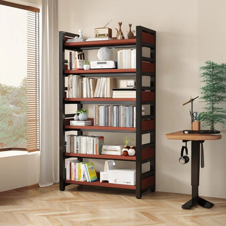 Rustic Steel Natural Wood Shelf Open Back Bookshelf Image - 2