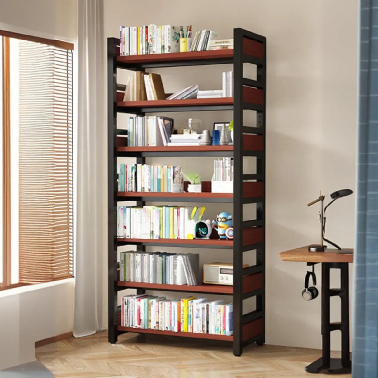 Rustic Steel Natural Wood Shelf Open Back Bookshelf Image - 4