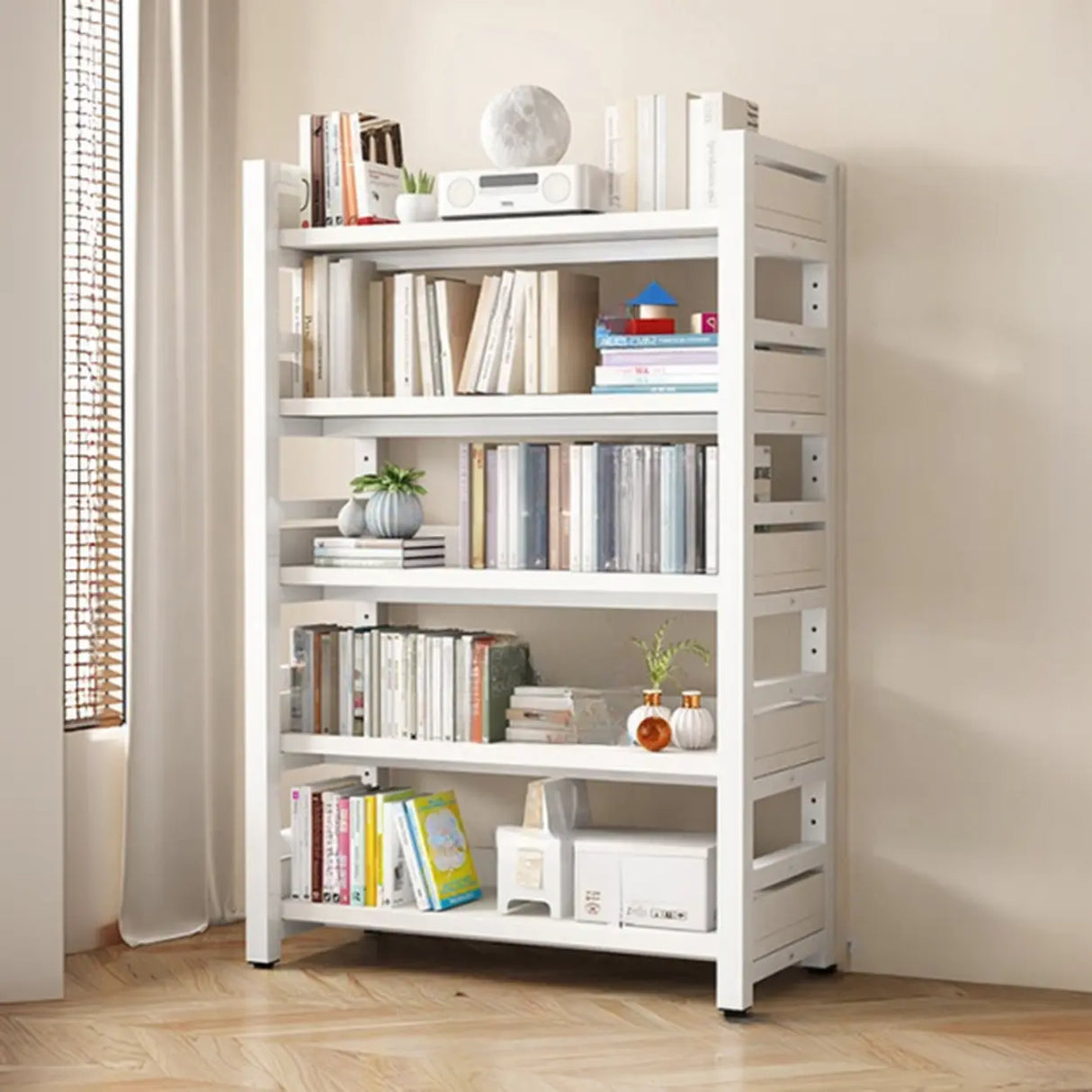 Rustic Steel Natural Wood Shelf Open Back Bookshelf Image - 5