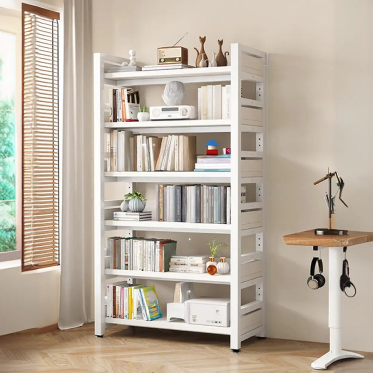 Rustic Steel Natural Wood Shelf Open Back Bookshelf Image - 7
